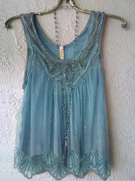 

Largo Girocollo Senza Maniche Maglia Casuale Superiore, Blu, Tank Top