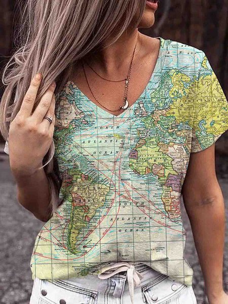 

Casual World Map Print Short Sleeve V Neck T-shirt, Green, T-Shirts