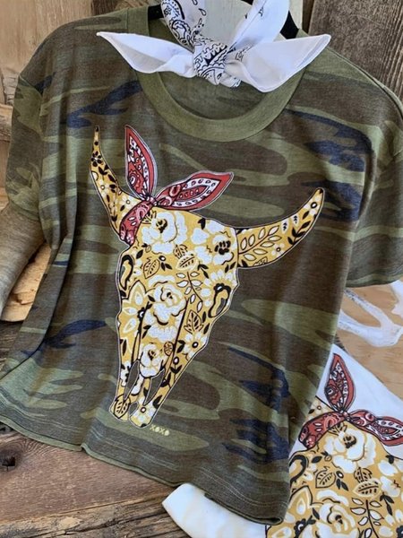 

Cool Animal Crew Neck Simple & Basic Short Sleeve Shirts & Tops, Army green, Auto-Clearance