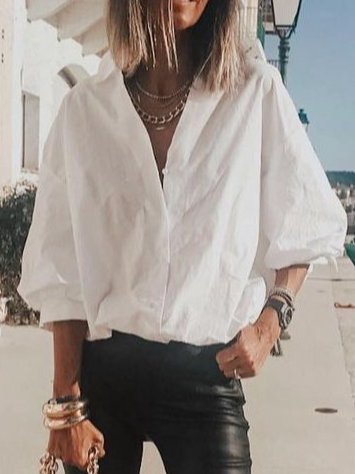 

3/4 Sleeve Plain Holiday Shirt Collar Blouse, White, Blouses & Shirts