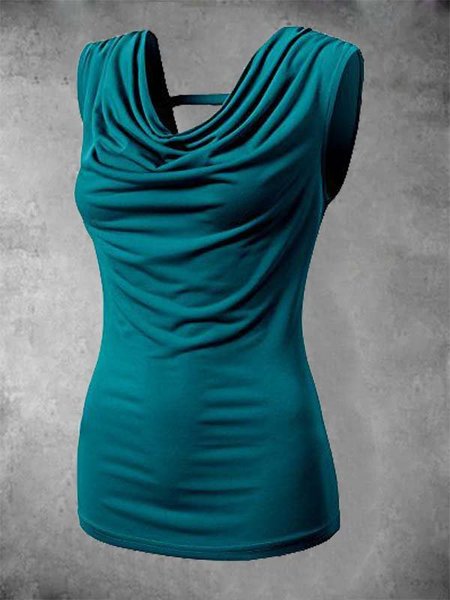 

Casual Cotton-Blend Cowl Neck Solid Shirts & Tops, Blue, Auto-Clearance