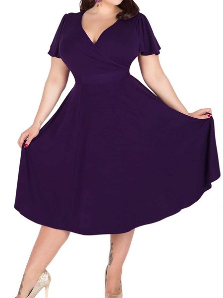 

Short Sleeve V Neck Cotton Weaving Dress, Purple, Casual Dresses