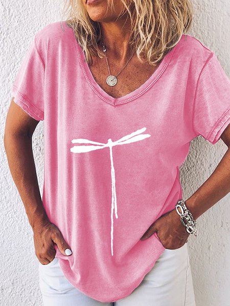 

Dragonfly V Neck Casual Women Tee, Pink, T-shirts