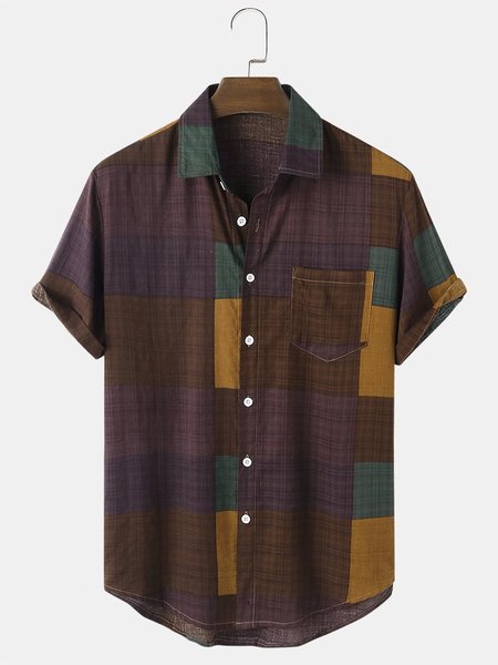 

Men's Printed Patchwork National Style Short Sleeve Casual Loose Shirt, Brown, Men's Floral shirt