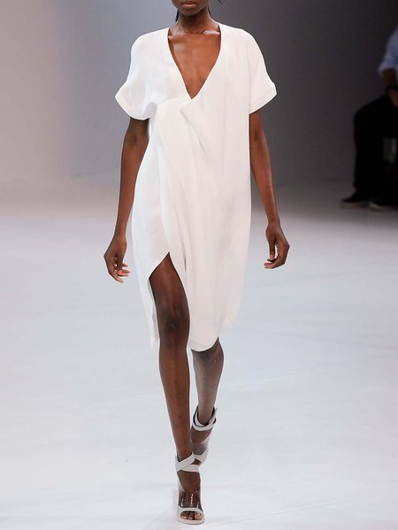 

Short Sleeve Solid Weaving Dress, White, Casual Dresses