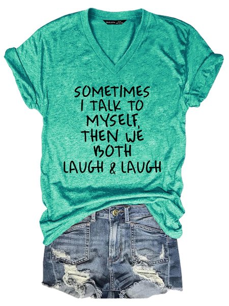 

Sometimes I Talk To Myself Letter Cotton-Blend Short Sleeve Casual Women Tee, Grass green, T-shirts