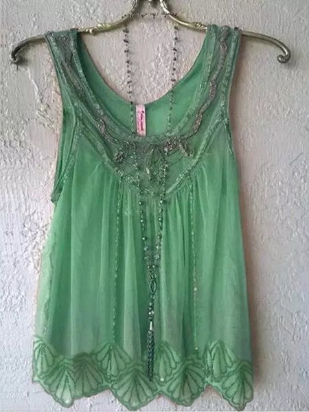 

Wide Round Neck Sleeveless Mesh Casual Top, Green, Tank Tops & Camis