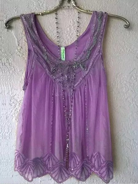 

Wide Round Neck Sleeveless Mesh Casual Top, Purple, Tops