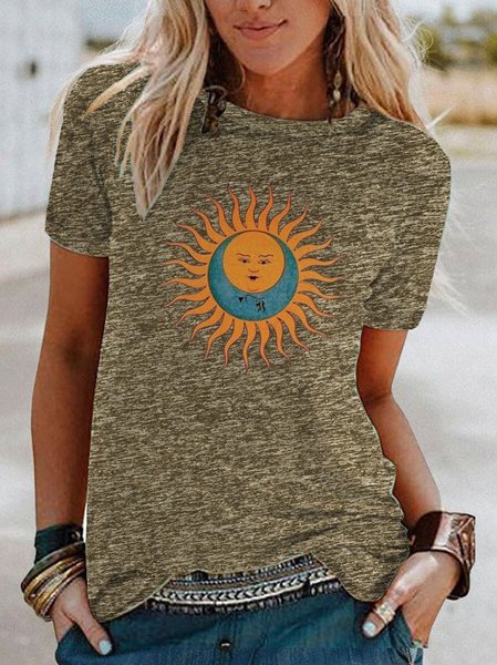 

Plus Size Vintage Hippie Boho Short Sleeve Crew Neck Shirts & Tops, Army green, Tops