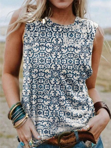 

Sleeveless Casual Crew Neck T-shirt, Blue, Tank Top