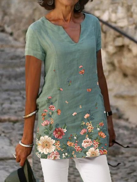 

2021 Estate Stampare Vacanza Accostare Maniche Corte Stampato Floreale Top, Verde, Blouses & Shirts
