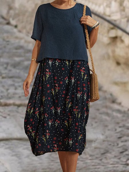 

2021 Estate Casuale Due pezzi Piccolo Floreale Veste Maniche Corte Girocollo Abito, Blu intenso, Dresses