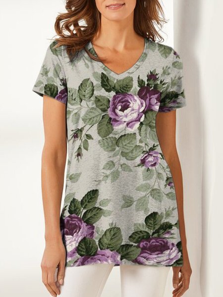 

Floral Casual Cotton-Blend V Neck T-shirt, Green, T-Shirts