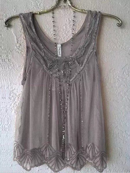 

Wide Round Neck Sleeveless Mesh Casual Top, Gray, Tanks & Camis