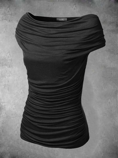 

Solido Maniche Corte Casuale Camicie & Top, Nero, Blouses & Shirts