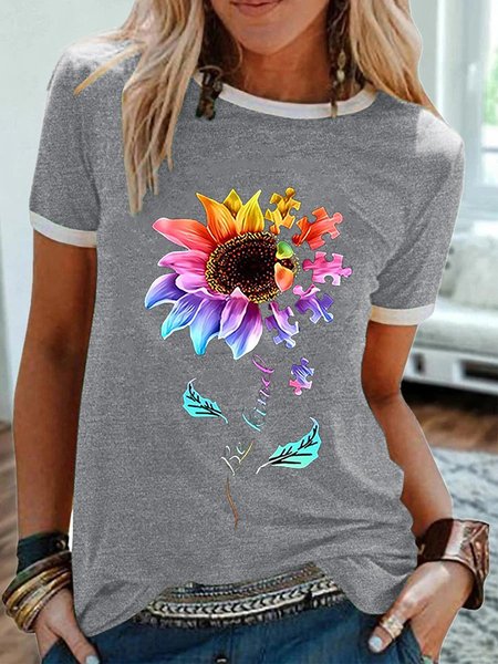 

Puzzle Flower Shift Casual Short Sleeve Women Tee, Gray, T-shirts