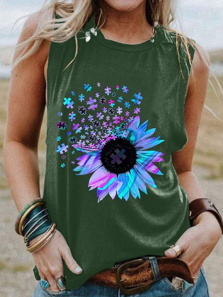 

Puzzle Flower Shift Casual Cotton-Blend Crew Neck Women Vests, Dark green, T-shirts