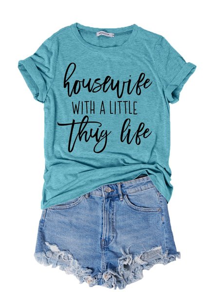 

Housewife Casual Short Sleeve Cotton-Blend Women Tee, Lake blue, T-shirts