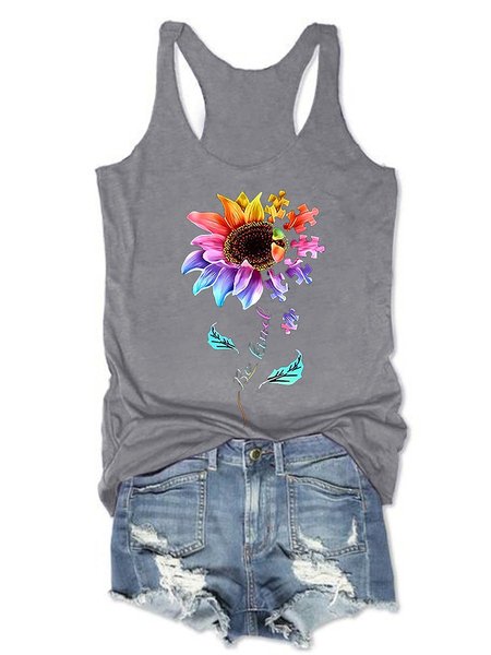 

Puzzle Flower Cotton-Blend Casual Floral Sleeveless Women Vests, Gray, T-shirts