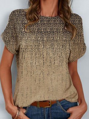 

Vintage Short Sleeve Shift Crew Neck T-shirt, Apricot, Tops