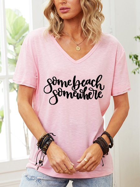 

Some Beach Somewhere Graphic V-neck Tee, Pink, T-shirts