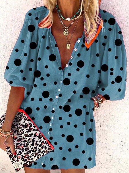 

Vintage Half Sleeve Cotton-Blend Polka Dots Weaving Dress, Blue, Casual Dresses