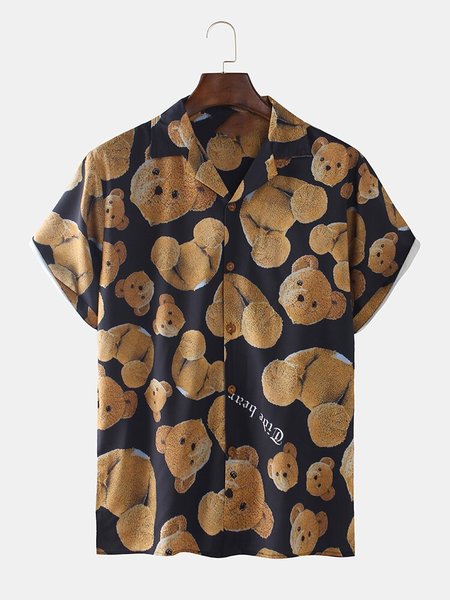 

Mens Funny Teddy Bear Print Short Sleeve Shirts, Dark blue, Short Sleeves Shirts