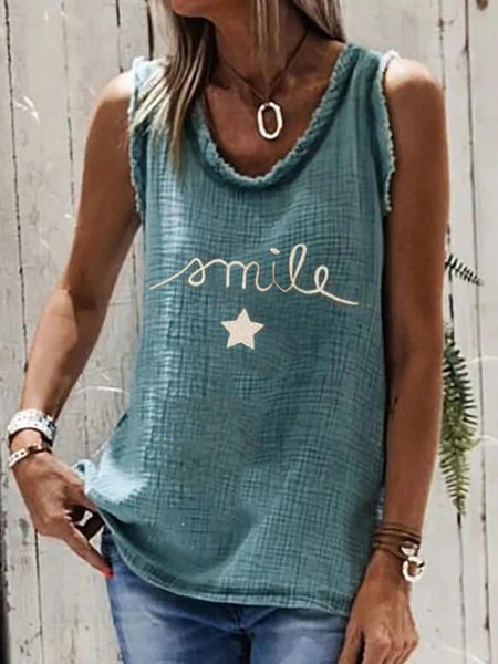 

Letter Casual Sleeveless Cotton-Blend Shirts & Tops, Aqua blue, Tops