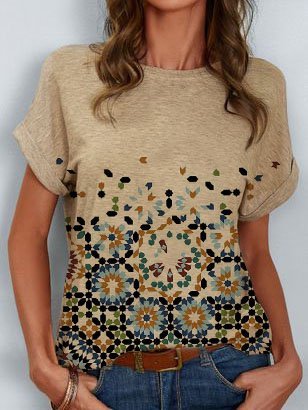 

Cotton-Blend Casual Geometric Short Sleeve Shirts & Tops, Apricot, Auto-Clearance