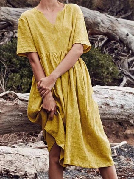 

Vintage Short Sleeve Weaving Dress, Yellow, Casual Dresses