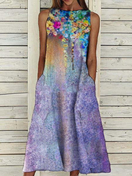 

Vintage Floral Printed Plus Size Sleeveless Crew Neck Casual Dresses, Multicolor, Dresses