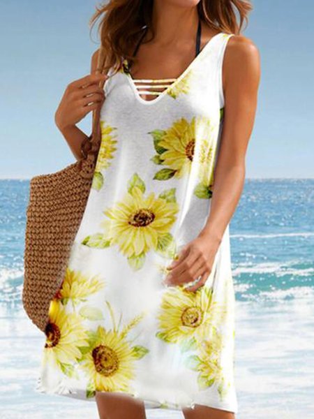 

Casual Floral V Neck Cold Shoulder Weaving Dress, White, Floral Dresses