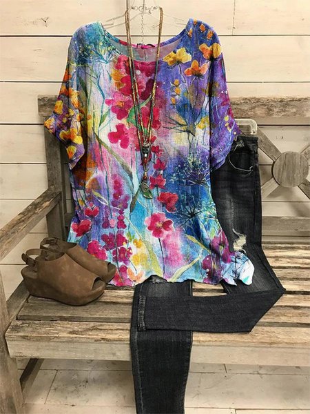 

Colorful Flower Graphic Round Neck Short Sleeve Loose Top, As picture, T-shirts