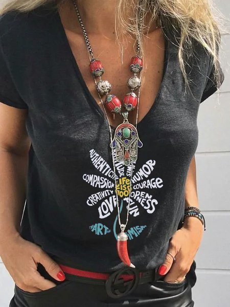 

Stampato Maniche Corte Misto Cotone Lettera Top, Nero, Blouses & Shirts