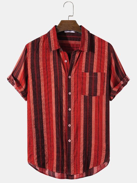 

Mens Retro Stripe Chest Pocket Cotton Casual Short Sleeve Shirts, Red, Men's Floral shirt