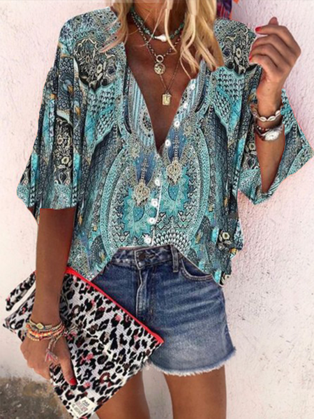 

Holiday Half Sleeve Buttoned Shirts & Tops, Blue, Tops