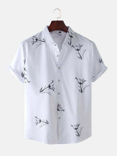 Mens Abstract Drawing Pattern Beach Casual Shirt, White, Men's shirts
