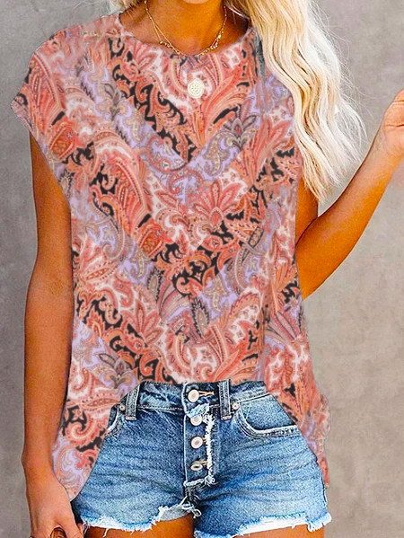 

Vintage Shift Short Sleeve Tribal T-shirt, Red, Tops