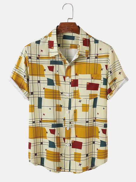 Mens Geo & Line Print Chest Pocket Holiday Short Sleeve Shirts, Yellow, Blouses&Shirts