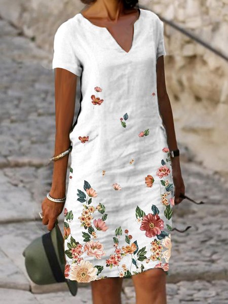 

Abito Floreale Vacanza Misto Cotone Maniche Corte, Bianco, Dresses
