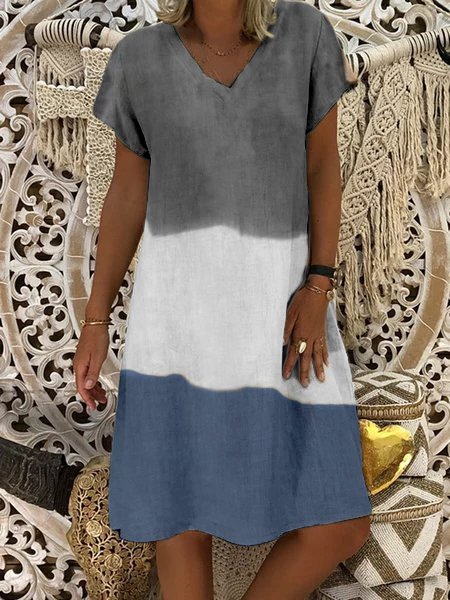 

Abito Maniche Corte Scollo a V Vintage a Righe, Blu, Midi Dresses