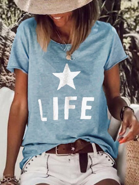 

Letter Cotton-Blend Casual Shirts & Tops, Blue, Tops