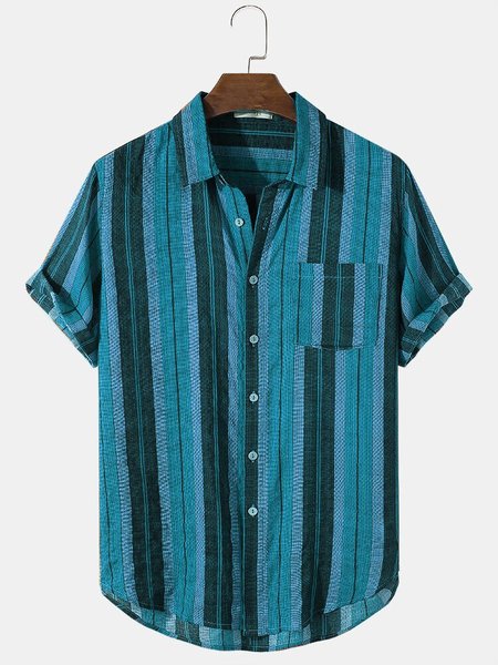 

Mens Retro Stripe Chest Pocket Cotton Casual Short Sleeve Shirts, Aqua blue, Men's Floral shirt