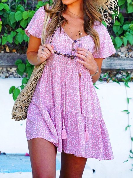 

Abito Vintage A-line Maniche Corte Misto Cotone, Rosa, Mini Dresses