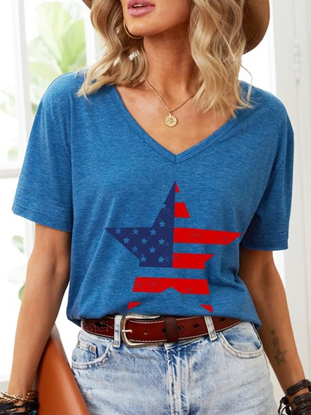 

American Flag With Five-pointed Star V-neck Graphic Tee, Blue, T-shirts