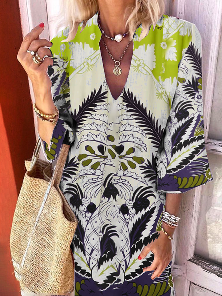 

Abito 3/4 Manica A-line Vintage Scollo a V, Multicolore, Midi Dresses