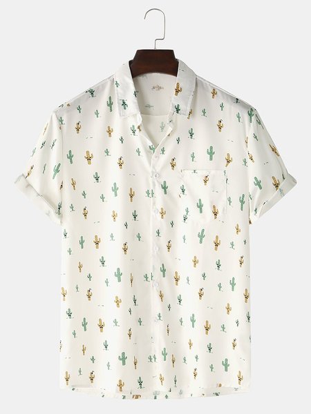 

Mens Small Cactus Print Loose Light Chest Pocket Short Sleeve Shirts, White, Men's Floral shirt