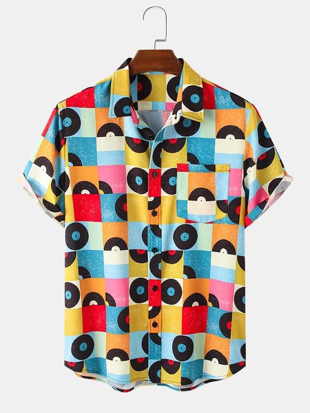 

Mens Colorful Grid Vinyl Records Pattern Short Sleeve Shirt With Pocket, As picture, Men's Floral shirt
