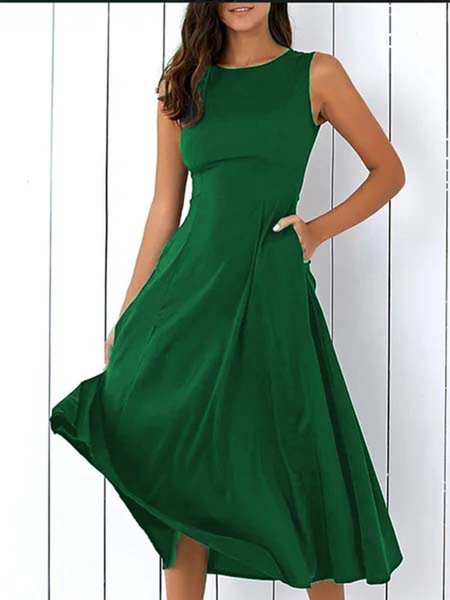 

Solido Tasche Cotone senza maniche Abito, Verde, Dresses