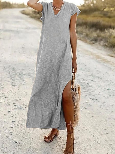 

Short Sleeve Cotton-Blend V Neck Knitting Dress, Gray, Elegant Dresses